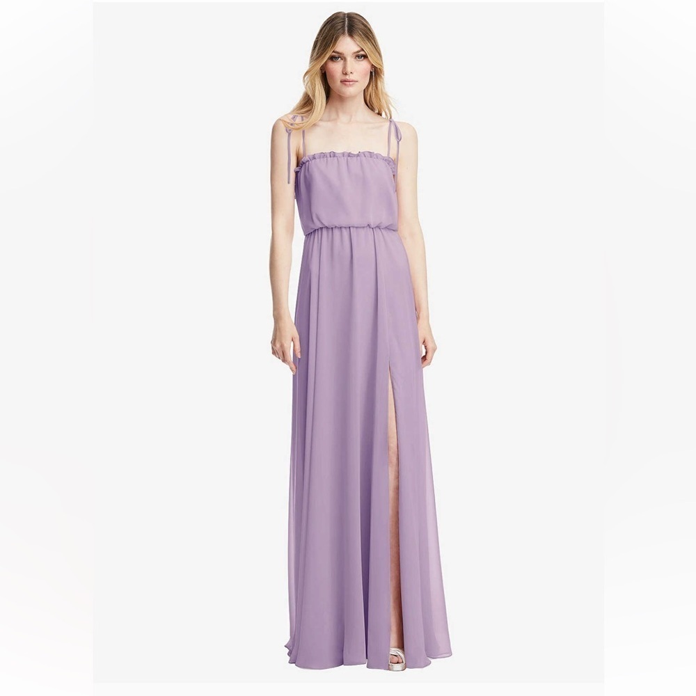 Dessy Pale Purple Skinny Tie-Shoulder Ruffle-Trimmed Blouson Maxi Dress